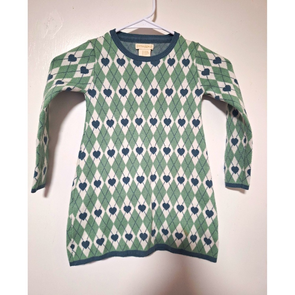 CYNTHIA ROWLEY Girls XS 4 Green Argyle Heart Long Sleeve Knit Sweater Dress Y2K